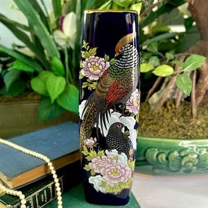 Davar Oriental Japanese Vase Cobalt Blue Peacock Floral Inturpur Design 11"